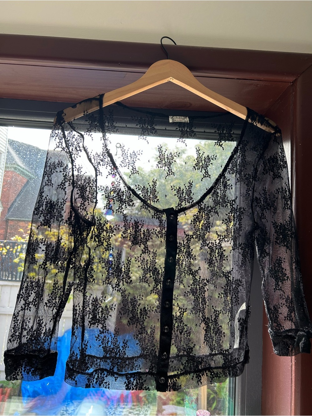 Free People Black Sheer Lace Button-Front Top